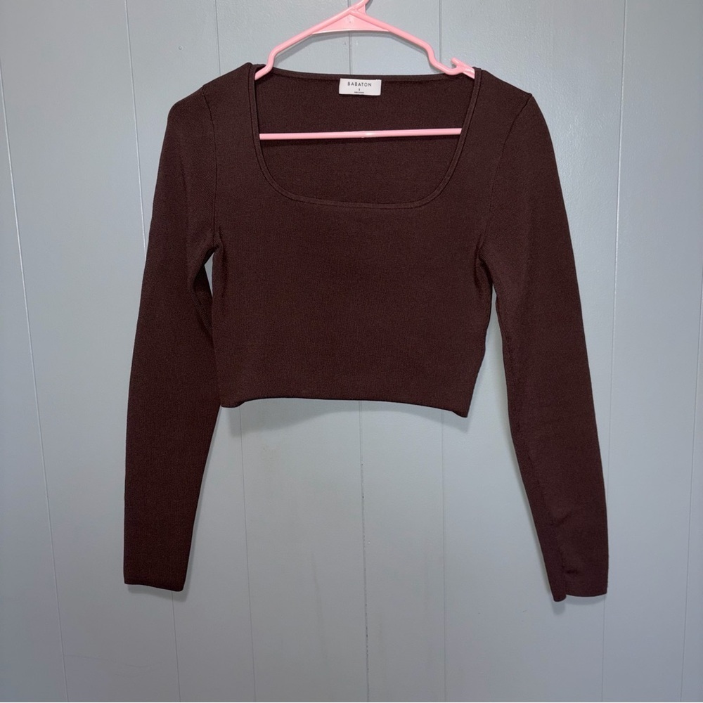Aritzia Babaton Sculpt Knit Prominence Crop Long Sleeve Brown Top Small - Picture 2 of 5